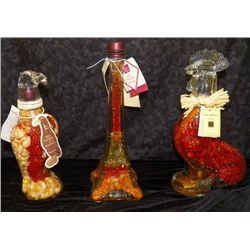 3 Kitchen Art Bottles Peppers, Garlic and White Vingar