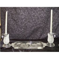 Crystal Swan Bread Tray & Pair of Crystal Candle