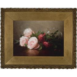 Anna Eliza Hardy - Three Pink Roses, Two Pink Rosebuds, and Two Red Roses Beside a Glass Bowl