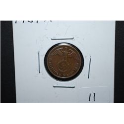 1939-A German 1 Reichspfennig Foreign Coin With Flying Eagle Holding Swatstika; EST. $10-15