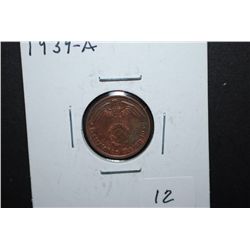 1939-A German 1 Reichspfennig Foreign Coin With Flying Eagle Holding Swatstika; EST. $10-15