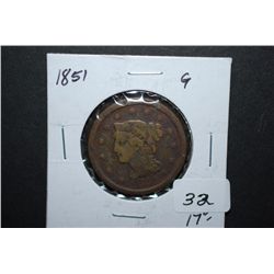 1851 US Large One Cent; G; EST. $20-25