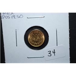 1945 Mexico Dos Pesos Foreign Gold Coin; .0482 AGW; EST. $100-110