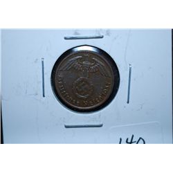 1937-F German 1 Reichspfennig Foreign Coin With Flying Eagle Holding Swatstika; EST. $10-15