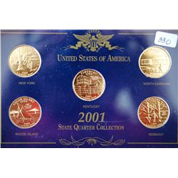 2001 US Gold Plated Mint State Quarter Proof Set In Display Case; P&D Mints; Lot of 5 Coins; EST. $5