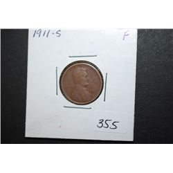 1911-S US Lincolon Wheat Back Penny; F; EST. $30-35