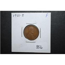 1911-S US Lincoln Wheat Back Penny; F; EST. $30-35