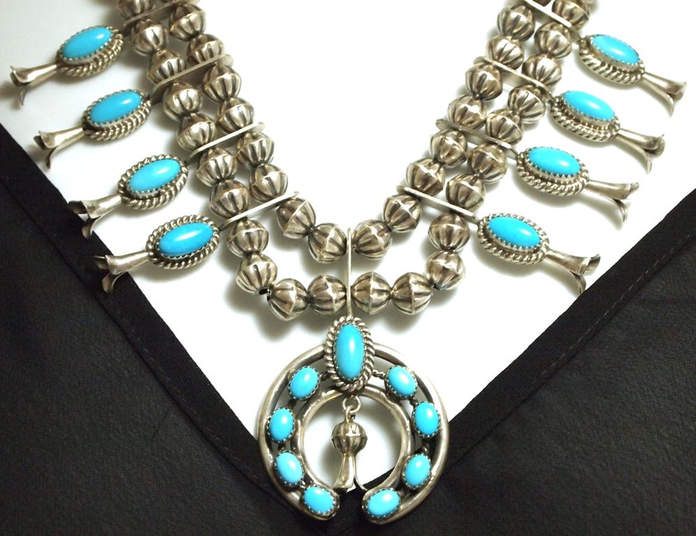 Navajo Turquoise Sterling Silver Squash Blossom Necklace & Earrings Set