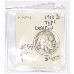 1913-D TYPE 1 BUFFALO NICKEL RED BOOK VALUE IS $40.00 *RARE 1ST YEAR BUFFALO EXTRA FINE GRADE*!!