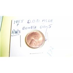 SCARCE 1955-P DOUBLE DIE OBVERSE LINCOLN CENT, MS-68