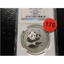 2010 $10Y 1 OZ PURE SILVER CHINESE PANDA FROSTED RINGNGC MS-68