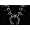 Image 1 : Green Turquoise Squash Blossom NecklaceUnsigned, set in sterling silver, traditional  horseshoe, old