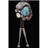 Image 1 : Bolo Tie with Feather Design1 center turquoise cab, 1 coral and 1 mother  of pearl stones, signed by