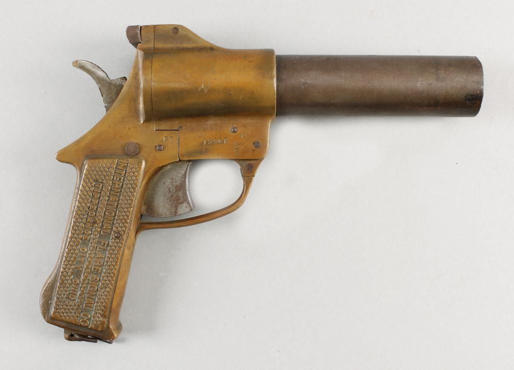 International Signal Co Flare GunSingle shot 37mm brass flare gun, 8" steel barrel, manufactured Ma