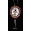 Image 1 : Kachina Bolo TieUnsigned, surrounded by red coral stones,  shows Mother-of-Pearl center inlaid with 
