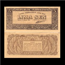 1945 Indonesia 5 Sen Note Crisp Unc (CUR-06751)