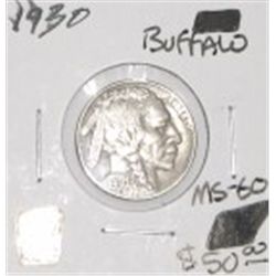1930 BUFFALO NICKEL RED BOOK VALUE IS $50.00 *RARE MS-60 HIGH GRADE*!!
