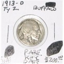 1913-D TYPE 2 BUFFALO NICKEL RED BOOK VALUE IS $200.00 *EXTREMELY RARE 1ST YEAR BUFFALO FINE GRADE*!