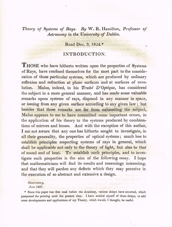 HAMILTON ( Sir Wm. Rowan ), FRS. Theory of Systems of Rays. By W. R ...