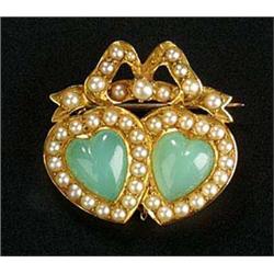 A collection of jewellery, comprising, an Edwardian gold, chrysoprase and half-pearl twin hearts bro