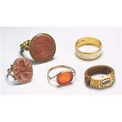A collection of 19th century jewellery, comprising; an 18ct gold and white enamel memorial broad ban