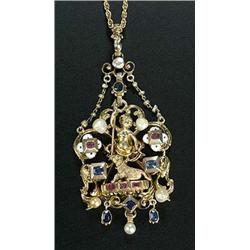 A late 19th century gilt, enamel and multi-gem pendant in Renaissance style, centred with a figure o