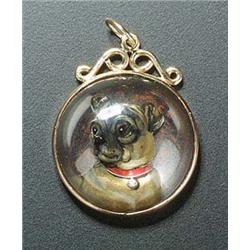 A Victorian reverse crystal intaglio depicting a pug head and shoulders, with an alert look and  wea