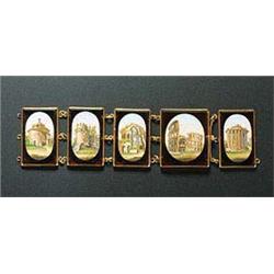 Five Victorian micromosaic rectangular panels, each depicting classical ruins on an amber-glass grou