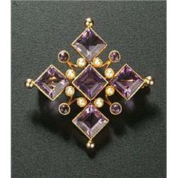 An Edwardian amethyst and half-pearl square brooch of geometric design, set with five square trap-cu
