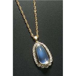 A moonstone and diamond pendant, centred with a drop-shaped high-dome cabochon moonstone, rub-over s