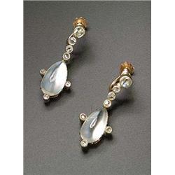 A pair of moonstone and rose diamond pendent earrings, each four stone diamond surmount suspending a
