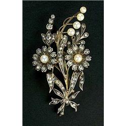 A Victorian pearl and diamond flower spray brooch, set throughout with rose diamonds and six small p