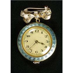 A lady's 18ct gold and grey guilloche enamel fob watch, circa 1920, textured gold effect dial with b