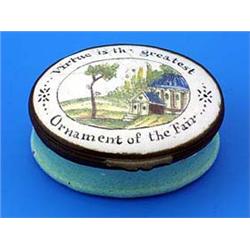 A late 18th / early 19th century south Staffordshire enamel oval patch box, in green, the hinged cov