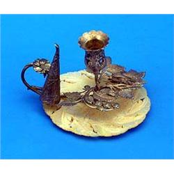 A small plated and mother-of-pearl chamber candlestick formed as a strawberry plant, 8 cm diameter (