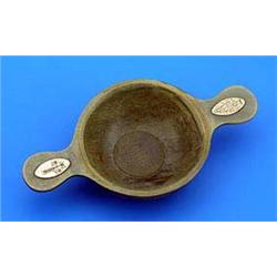 A horn quaich the turned bowl engraved 'Scuab ASI', the flat handles with engraved silver oval panel