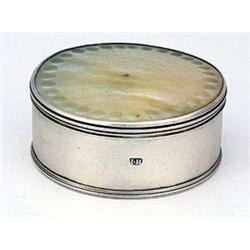 A George III silver and mother of pearl round box possibly Scottish provincial, with reeded borders,