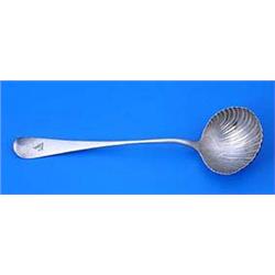 A late George II old English pattern shell bowl soup ladle with crest, London 1756 by Elias Cachart.
