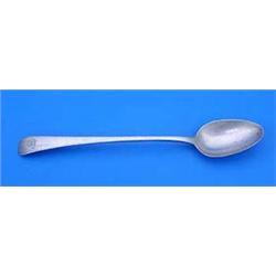 A George III old English feather edge serving spoon, engraved with a monogram, London 1787 by Thomas