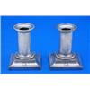 Image 1 : A pair of Victorian short candlesticks with plain round columns and square bases, with initials 'LR'