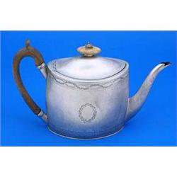 A George III oval teapot with engraved borders and cartouches, wood handle and finial, London 1798 b