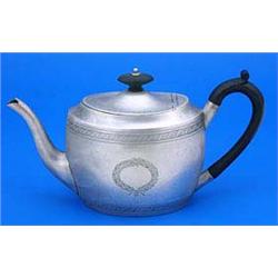 A Victorian oval engraved teapot in George III style with ebonised handle and finial, Sheffield 1886