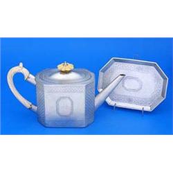 A George III canted-rectangular teapot and stand, each engraved with bands and panels of punched cir