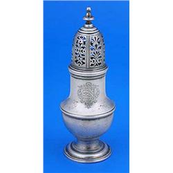 A George II vase shaped caster, with a moulded girdle and border and engraved with an armorial, the.