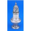 A George II baluster shaped caster, with a moulded girdle and border, the pierced cover with knopped