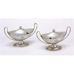 A pair of George III Sheffield oval boat shaped sauce tureens and covers, the part fluted domed cove