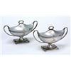 A pair of George III Sheffield oval boat shaped sauce tureens and covers, the domed covers with leaf