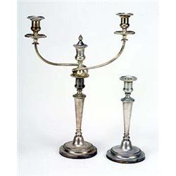 A pair of 19th century two branch candelabra and a pair of matching candlesticks, round with   nulle