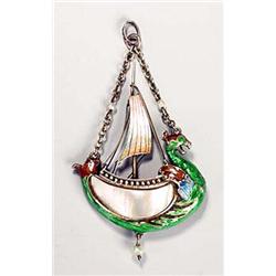 An Austro-Hungarian enamelled pendant, formed as a bird-shaped vessel with central mast and sail, pi