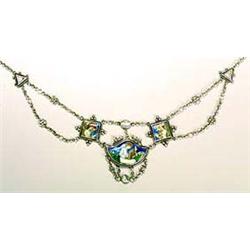 An Arts and Crafts enamelled necklace, with a central shaped panel depicting in naturalistic colours